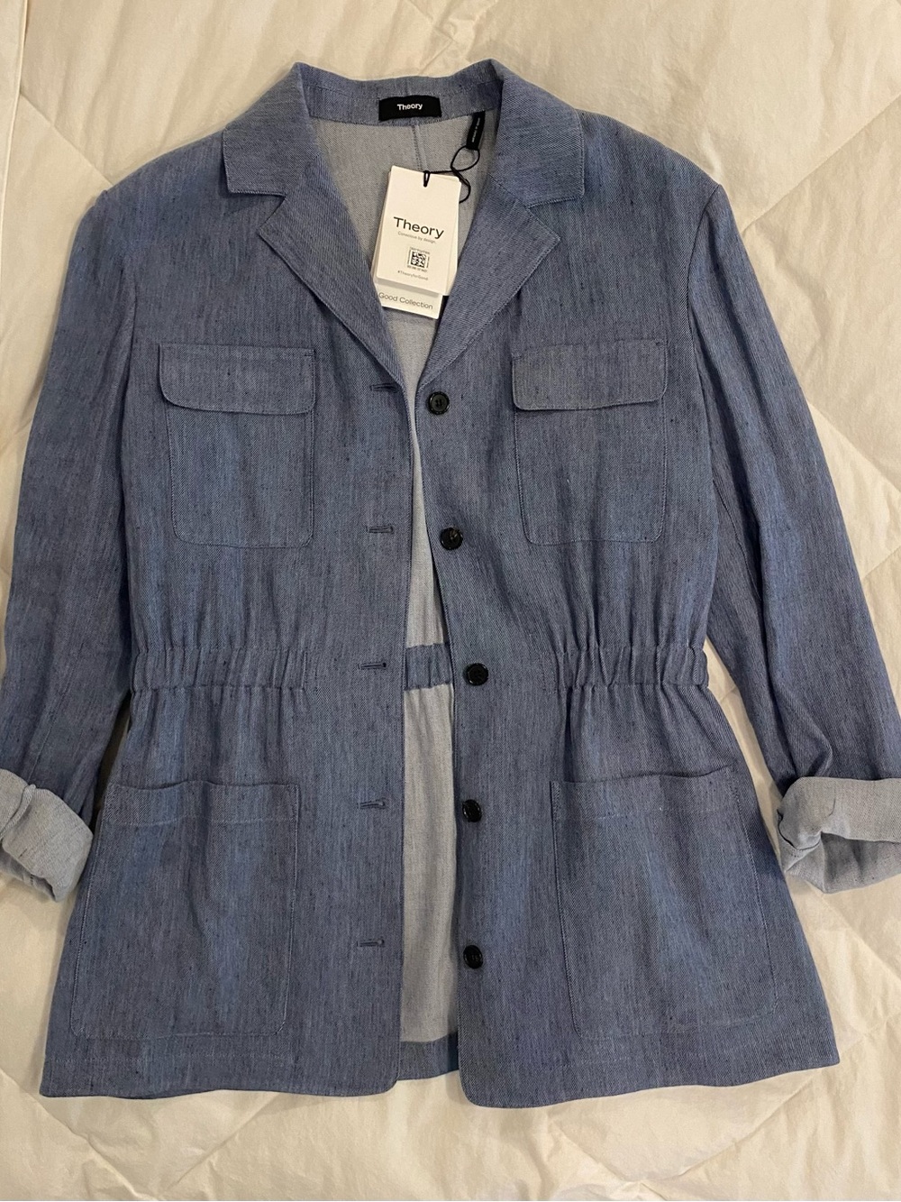 NWT Theory Cinch Patch Jacket in Fluid Linen Light Denim Sz12 $475 Retail